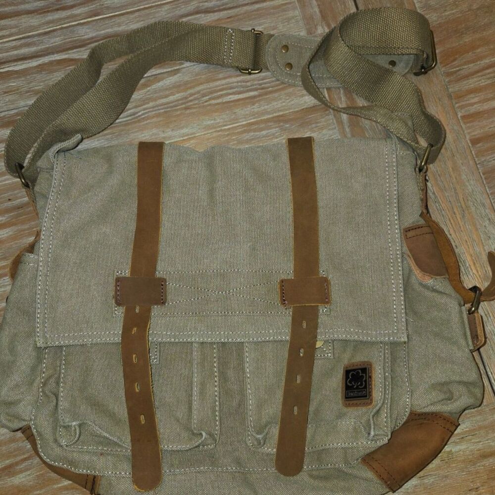Sechunk Messenger Bag, Military style, leather, canvas, missing front buckles